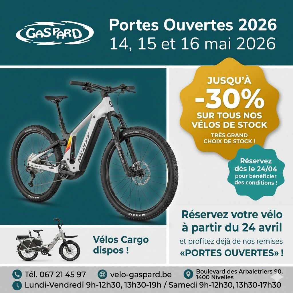 Portes Ouvertes 2026 — 14, 15 et 16 mai. Jusqu'à -30% sur tous les vélos en stock.